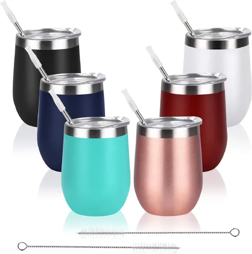 Qtencas Paquete de 6 vasos de vino de acero inoxidable, 12 onzas, doble pared aislada al vacío, sin tallo, con tapa y pajita, juego de 6 tazas para