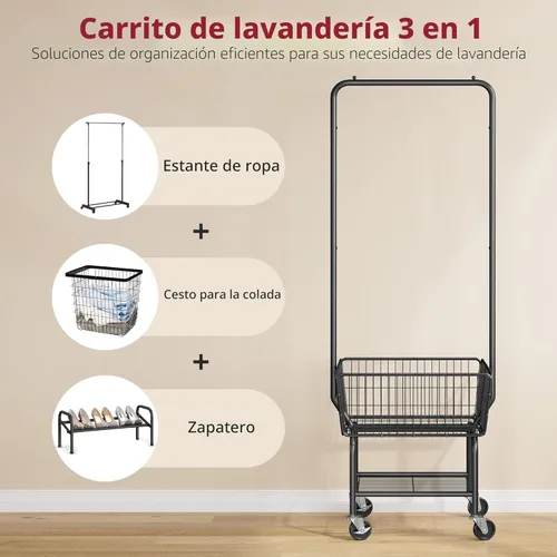 Miniatura 3 de Carro de lavandería Tajsoon con estante colgante, canasta de lavandería de metal con ruedas, cesta de lavandería con canasto de almacenamiento