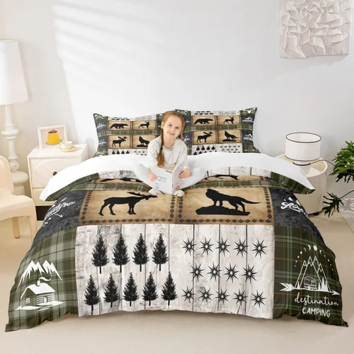 Miniatura 19 de Juego de funda de edredón para niños de ciervo, oso, lobo, tamaño individual, juego de ropa de cama de cabaña de aventura para niños, niñas