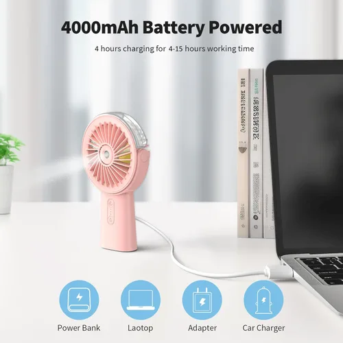 Miniatura 3 de Otlonpe Ventilador de nebulización de mano portátil, pequeño ventilador de niebla recargable personal de mano, ventilador de agua de 4000 mAh, Rosa