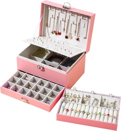 BOOVO Joyero de aretes para mujeres y niñas, organizador de tachuelas, caja organizadora de joyas de 5 capas con candado, organizador de aretes,