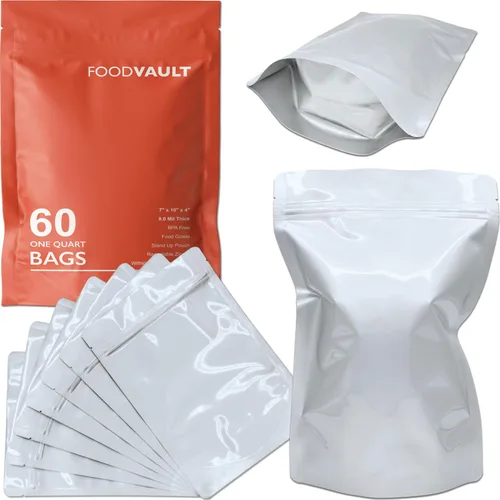 Bolsas de Mylar de 1 cuarto de galón, grosor total de 16 mil, bolsas de Mylar resellables de pie para almacenamiento de alimentos, liofilización