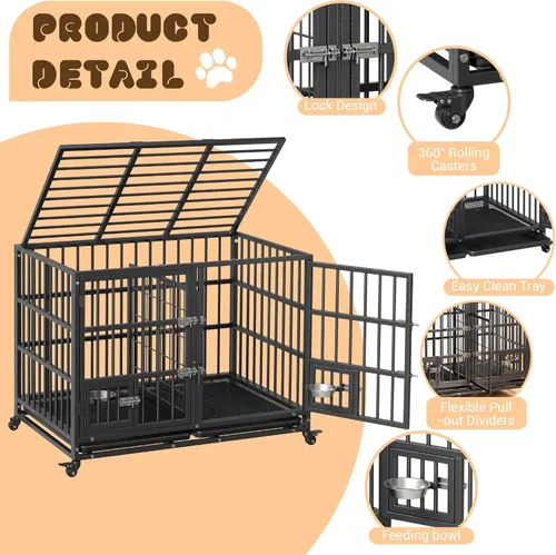 Miniatura 3 de 42-Inch Escape-Proof Dog Crate, Indestructible Steel Dog Kennel with Locking Wheels, Anxiety Relief Pet Cage for Medium/Large Dogs, Indoor/Outdoor