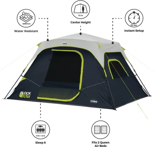 Miniatura 5 de CORE Blackout Instant Cabin Tent Large Family Pop Up Dark Room Tent with Easy Camp Setup Included Storage Pockets for Outdoor Camping Accessories