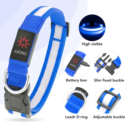 Miniatura 4 de Vizpet Collar para perro con luz LED, ajustable, recargable por USB, superbrillante, luz de seguridad brillante para perros (mediano, azul)