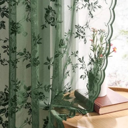 Miniatura 14 de SEEKRIGHT - 2 paneles de cortinas traslúcidas de encaje negro, cortinas góticas florales, cortinas victorianas con bolsillo para cortinero