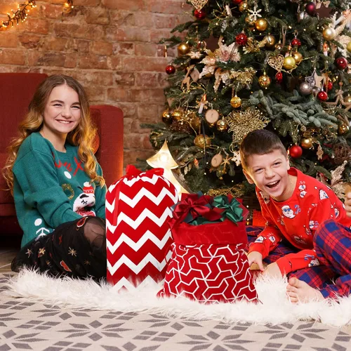 Miniatura 6 de MIMIND 6 bolsas de regalo de Navidad con cordón, tela de algodón rojo y blanco, bolsas de regalo de Navidad, bolsas reutilizables para fiestas