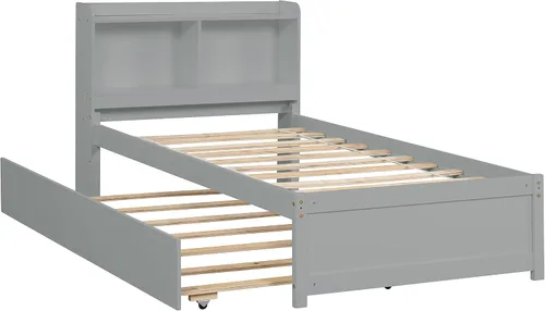 Miniatura 5 de Harper & Bright Designs Cama de plataforma individual con nido y estantería, marco de cama de madera con cabecero, sofá cama con soporte de listones