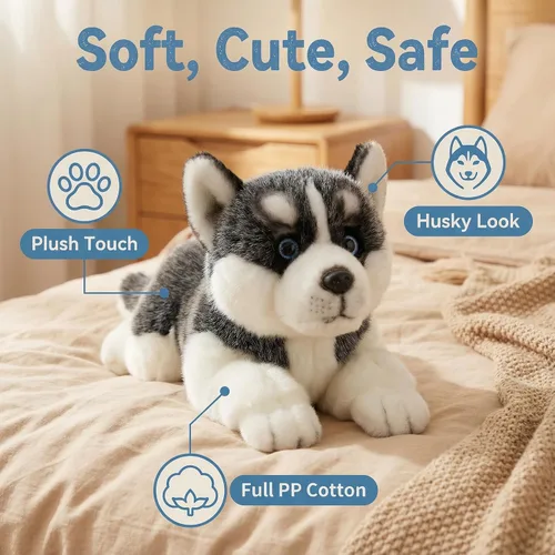 Miniatura 3 de CU-MATE Juguetes de peluche para perros Husky siberianos de 16 pulgadas, simulación realista y realista, juguete de peluche hecho a mano, regalo