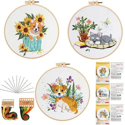 Miniatura 20 de Kit de bordado para principiantes, kits de punto de cruz para adultos, manualidades, 3 piezas, patrón de bordado, hilo de bordado de tela y agujas