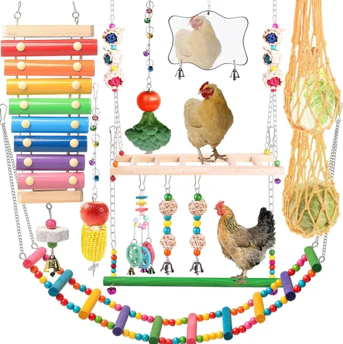 Juguetes de pollo para gallinero, juego de 12 piezas, juguetes de enriquecimiento de pollo, incluye xilófono, juego de columpio, juguete de espejo,