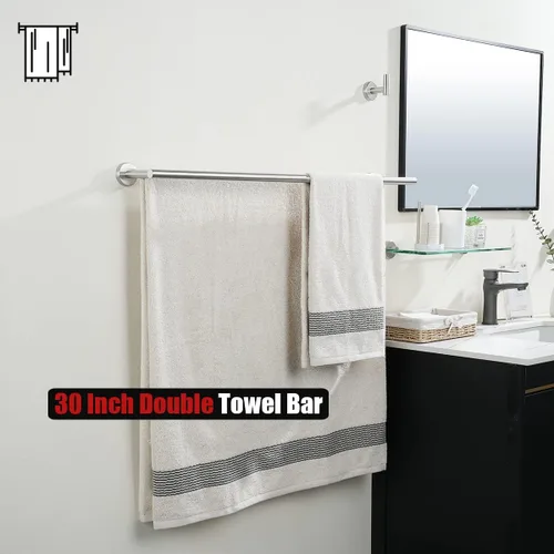 Miniatura 5 de JQK Barra para toallas de baño doble, 33 pulgadas de acero inoxidable 304 engrosado 0.8mm para baño, montaje en pared con acabado cepillado, 30