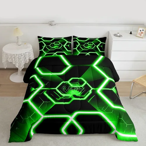Feelyou Juego de ropa de cama de panal de abeja, tamaño individual, juego de edredón hexagonal verde para niños y niñas, decoración geométrica,