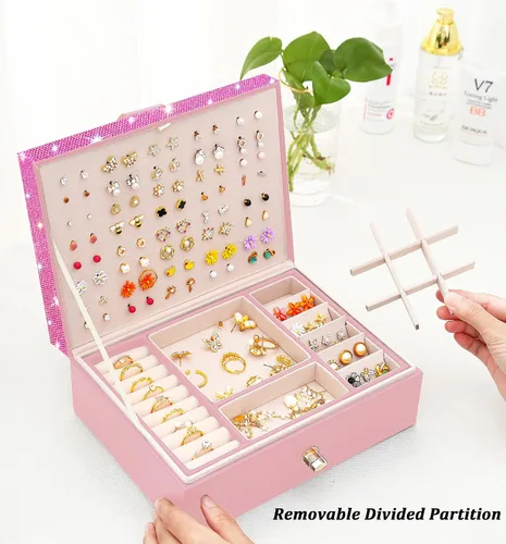 Miniatura 58 de Joyero de pendientes para mujeres y niñas, organizador de aretes de 5 capas, caja organizadora de joyas blanca con candado, collares y aretes