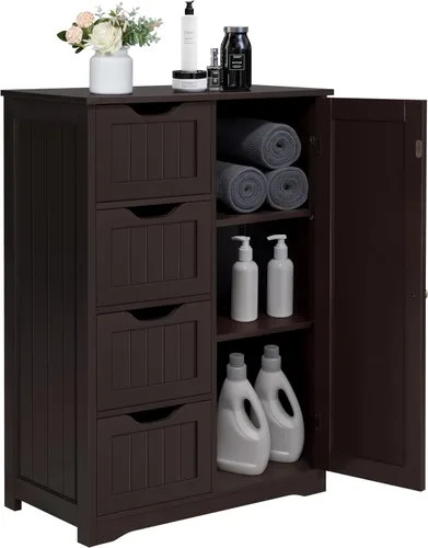 Miniatura 14 de Yaheetech Armario organizador de madera para el suelo del baño/lateral con 4 cajones y 1 armario, unidad de almacenamiento de entrada independiente
