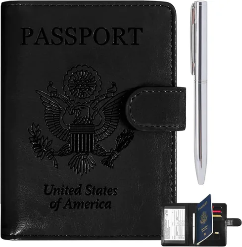 Miniatura 10 de RSAquar Soporte para pasaporte para mujeres y hombres, de piel sintética de alta calidad, cartera de pasaporte de viaje, con bloqueo RFID, cubierta