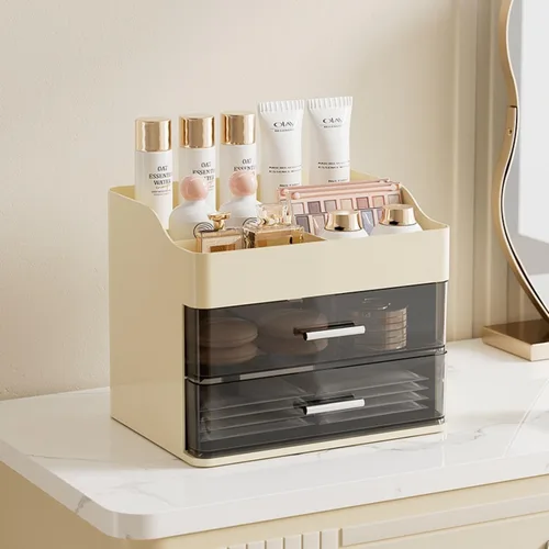 Miniatura 2 de Organizador de maquillaje para tocador, organizador de tocador con 2 cajones, organizadores de maquillaje y cuidado de la piel, vitrina de Crema
