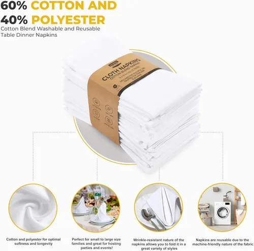 Miniatura 4 de Utopia Kitchen Servilletas de tela blanca, 12 unidades, 18 x 18 pulgadas, mezcla de algodón absorbente, lavables y reutilizables, para cenas