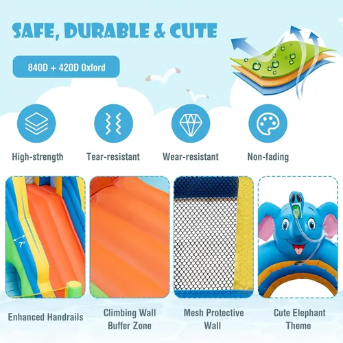 Miniatura 6 de HONEY JOY Tobogán acuático inflable, tobogán acuático de elefante 9 en 1 para patio trasero de niños, piscina de chapoteo, punta de tac, pared