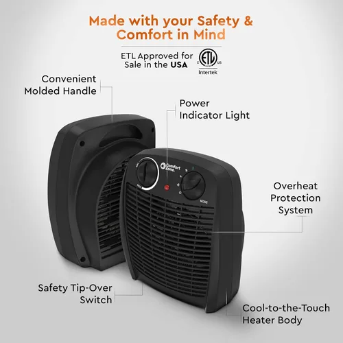 Miniatura 5 de Comfort Zone Calentador de espacio interior con termostato ajustable, forzado por ventilador, eléctrico, protección contra sobrecalentamiento, Negro