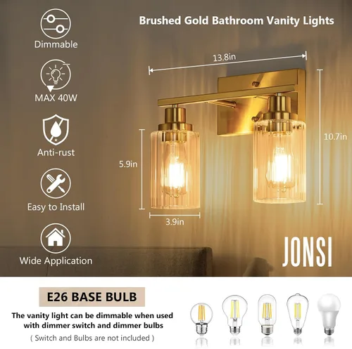 Miniatura 3 de Jonsi Accesorios de iluminación de baño dorados, 2 luces de tocador de oro cepillado con pantalla de vidrio estriada, luces modernas sobre espejo