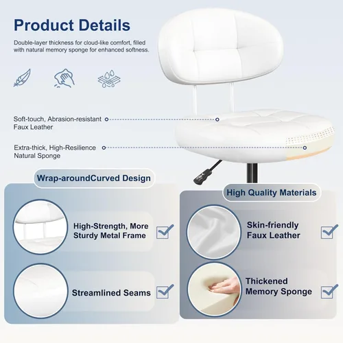 Miniatura 5 de Misolant Silla de tocador con respaldo, pequeña silla de oficina sin brazos con ruedas y soporte lumbar, cómodas sillas de escritorio de piel Blanco