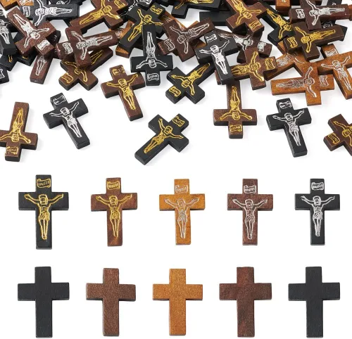 Cheriswelry 100 colgantes de madera con cruz de crucifijo con cruz impresa, dijes de madera teñida religiosos de 32.5 a 1.319 in para hombres y
