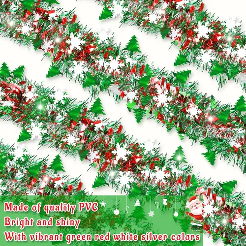 Miniatura 5 de 50 pies de decoraciones de Navidad con guirnalda de oropel con copo de nieve, árbol de Navidad rojo verde plateado brillante metálico girado