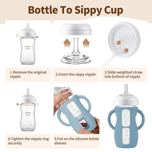 Miniatura 5 de Kit de Conversión de Vaso con Pajita con Fundas de Silicona para Biberón de Vidrio Natural Avent de 8oz, Kit de Transición de Vasos Entrenadores