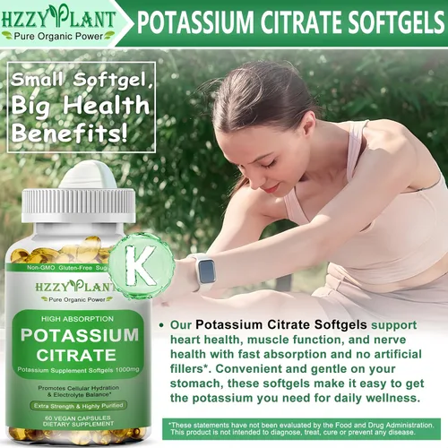 Miniatura 2 de Cápsulas blandas de suplemento de potasio, citrato de potasio de alta absorción, 1000 mg para equilibrio electrolítico muscular, corazón y soporte