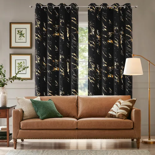 Miniatura 16 de WUBODTI Cortinas 100% Opacas de Mármol Beige de 63 Pulgadas de Largo 2 Paneles, Cortina Corta con Ojales de Impresión de Lámina Dorada Moderna