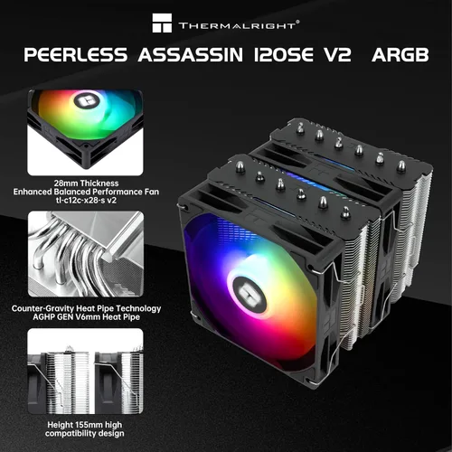 Miniatura 3 de Thermalright Peerless Assassin 120 SE ARGB V2 CPU Cooler, TL‑C12C‑S 120mm PWM Fans, 1850RPM, 6 Heat Pipes, for AMD AM4/AM5 & Intel LGA 1700/1851