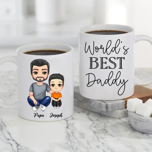 Miniatura 6 de Taza de café para el día del padre para papá de parte de hija e hijo. Taza del mundo con el mejor papá del mundo. Taza divertida con nombre
