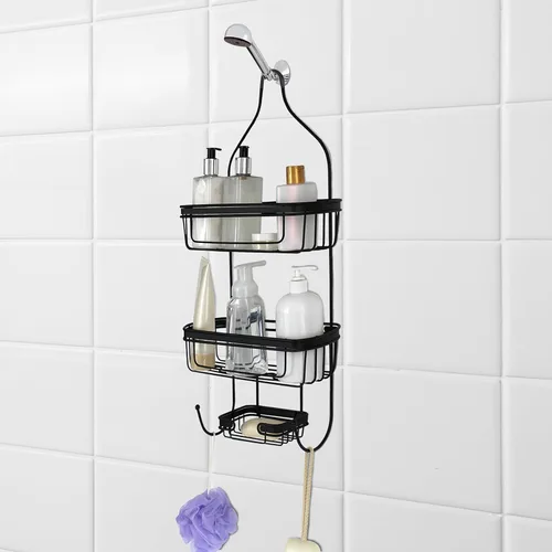 Splash Home Puerta de baño o colgante de cabezal de ducha con dos cestas organizadoras, más estantes de almacenamiento para champú, jabones Negro