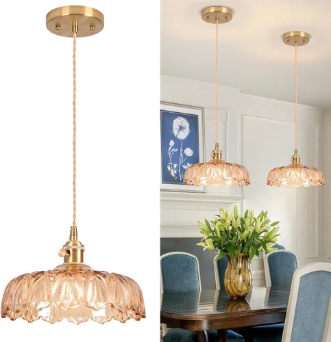 Miniatura 35 de Luces Colgantes para Isla de Cocina, Luz Colgante de Cristal Verde Accesorios de Iluminación Vintage, 9.4 pulgadas E26 Acabado Lámpara Colgante
