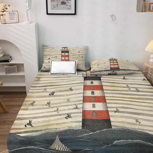 Miniatura 2 de Lighthouse Sábanas tamaño individual, sábanas náuticas a rayas, sábanas y fundas de almohada con patrón de 3 piezas, sábana bajera ajustable