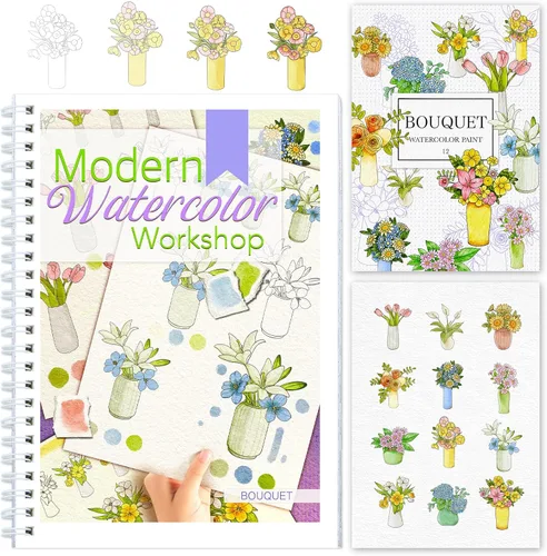 Miniatura 12 de Libro de trabajo de acuarela paso a paso – 12 páginas para colorear de acuarela – 100% algodón 300 gsm/140 lb papel de acuarela – Regalo