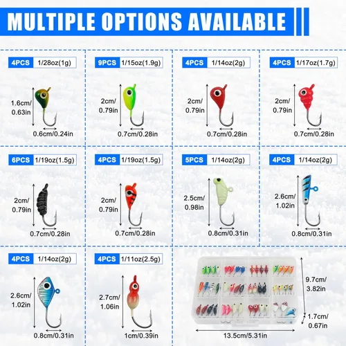 Miniatura 2 de Ice Fishing Jigs Lures kit, Luminous Ice Fishing Gear Crappie Panfish Jigs Head Fishing Hooks Set for Winter Ice Jigging Walleye Perch Bluegill