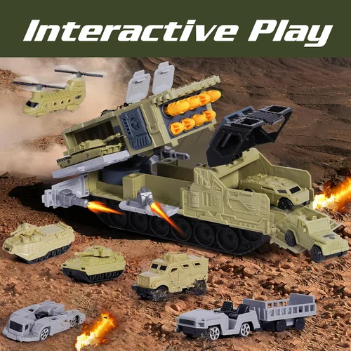 Miniatura 6 de XDUOYJOY Juegos de juguetes militares con misiles lanzables, juguetes del ejército con 9 vehículos, camiones helicópteros, figuras de acción