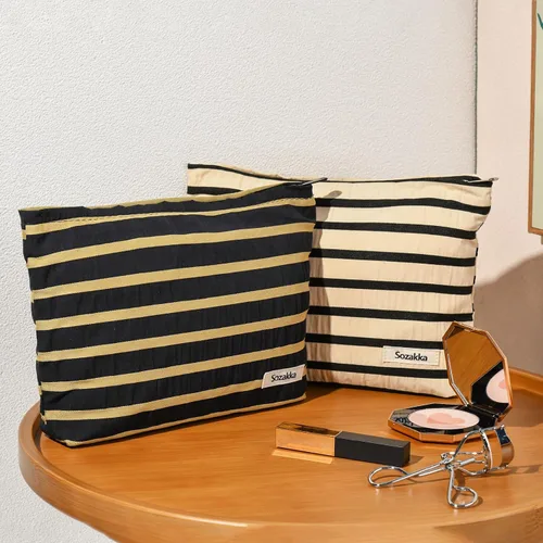 Miniatura 5 de SOIDRAM 2 Piezas Bolsa de Maquillaje Grande con Rayas, Bolsa de Cosméticos de Gran Capacidad, de Lona, Bolsa Organizadora de Artículos de Tocador