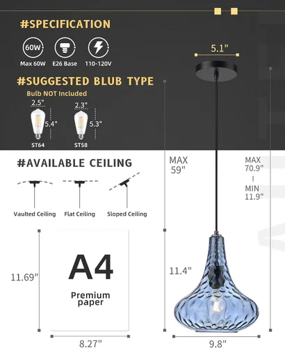 Miniatura 3 de AUTELO Luces Colgantes Azules para Isla de Cocina, Luces Colgantes de Vidrio Martelado de 25.4 cm, Modernas Luminarias Colgantes con Acabado