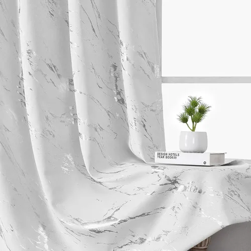 Miniatura 30 de WUBODTI Cortinas 100% Opacas de Mármol Beige de 63 Pulgadas de Largo 2 Paneles, Cortina Corta con Ojales de Impresión de Lámina Dorada Moderna