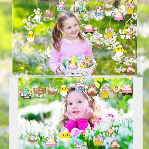 Miniatura 4 de Marsui 24 adornos de Pascua para árbol, feliz Pascua, adornos colgantes de madera, huevo, conejo, primavera, árbol, gnomo, pollo, rebanadas