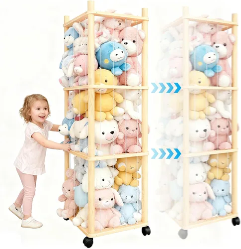 Miniatura 4 de Almacenamiento de Zoológico de Animales de Peluche - Organizador de Juguetes de Madera Maciza Resistente con Ruedas Bloqueables, Fácil
