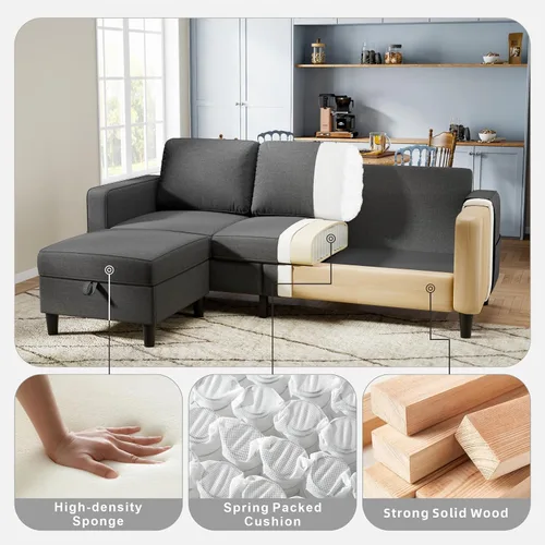 Miniatura 3 de Sofá modular para sala de estar, sofá gris oscuro de 3 plazas en forma de L con otomana de almacenamiento, cómodos sofás seccionales convertibles