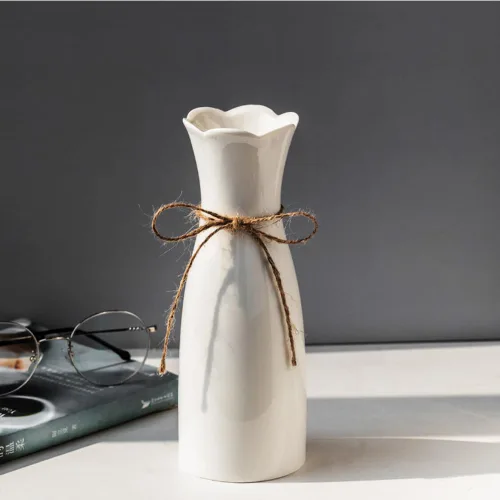 Miniatura 4 de Florero de cerámica bohemio con cuerda, 8.2 pulgadas de alto, jarrón rústico de estilo clásico para flores secas y flores frescas, apto para White-1