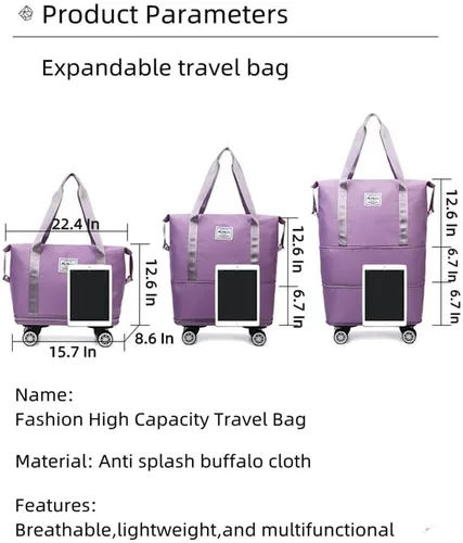 Miniatura 2 de Bolsa de equipaje plegable de doble capa, expandible, gran capacidad, separación seca y húmeda, bolsa de lona con ruedas, Rosado, Moda