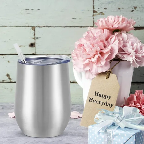 Miniatura 3 de Paquete de 12 vasos de vino de acero inoxidable, 12 onzas, doble pared, aislados al vacío, con tapas y pajitas, copas de vino sin tallo de acero