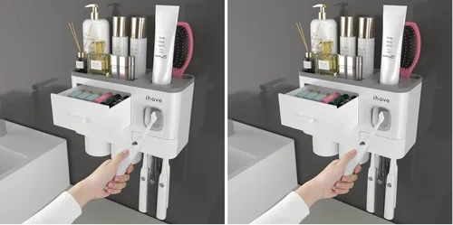 Miniatura 9 de iHave Portacepillos de dientes para baños, 3 tazas, soporte para cepillos de dientes montado en la pared con dispensador de pasta de dientes, Negro