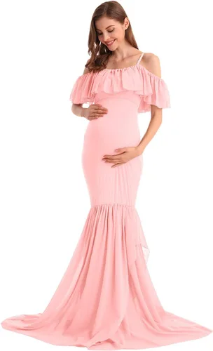 Miniatura 33 de MYRISAM Vestido de maternidad con volantes y hombros descubiertos para mujer, vestido de fiesta de sirena de gasa, vestido ajustado